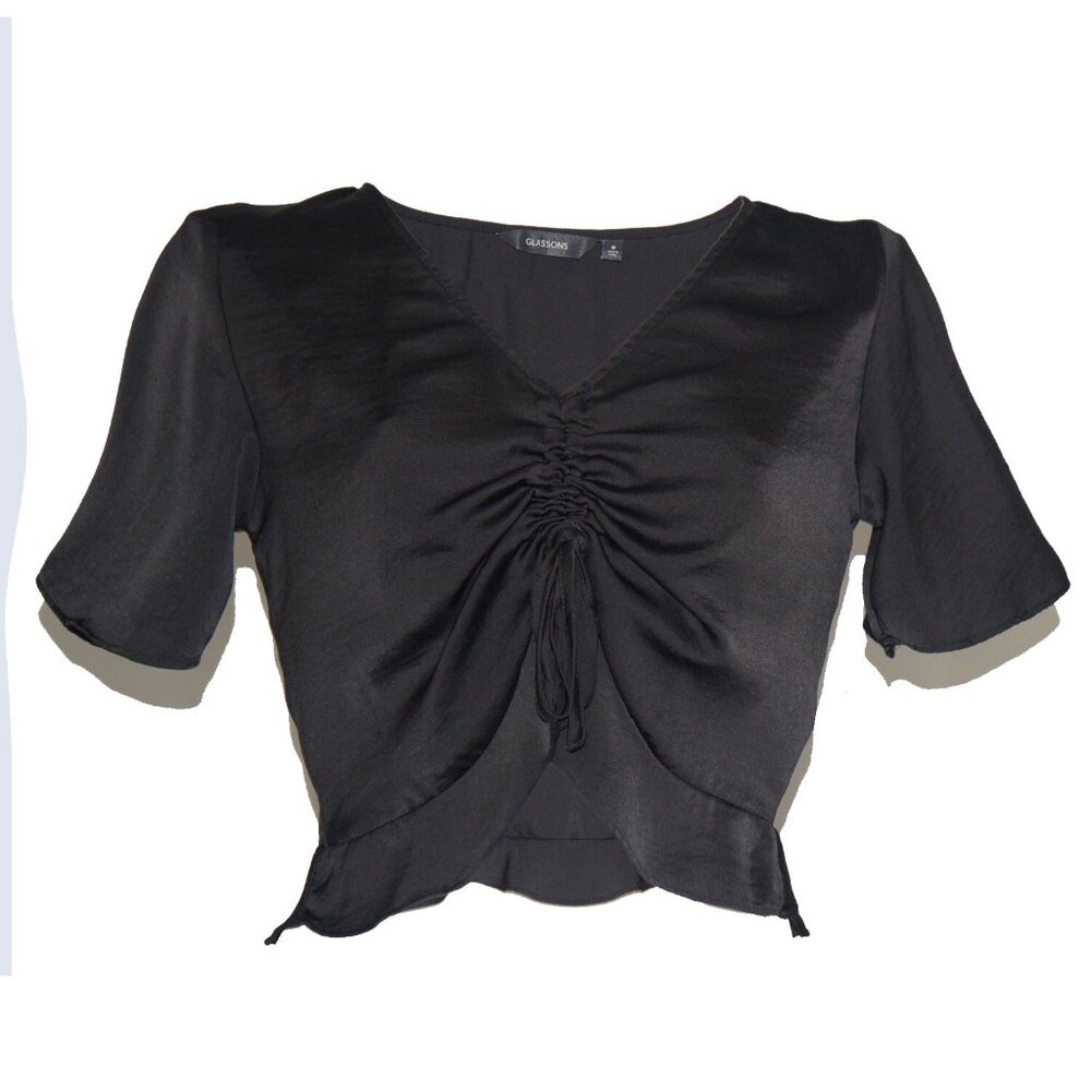 Glassons  Black V neck Short Sleeve Casual Party City adjustable Crop Top Size 8